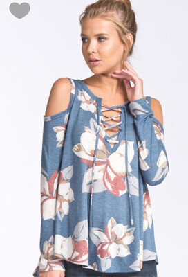 Shirt-blue With Floral Prints, Front Tie And Cold Shoulder