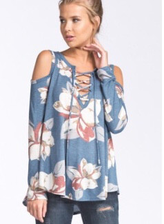 Shirt-blue With Floral Prints, Front Tie And Cold Shoulder