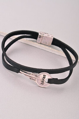 Bracelet-leather Strap With Magnetic Clasp And Decorative Key With Words. Love, Hope, Strength, Blessed