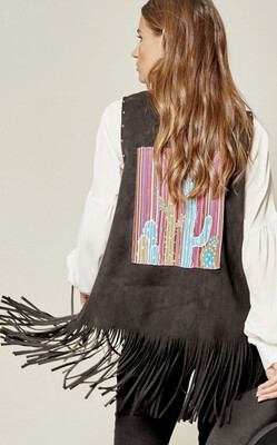 Vest-soft Suede Vest With Fringe And Silver Brads On Front With Cactus On Back In Black And Camel 