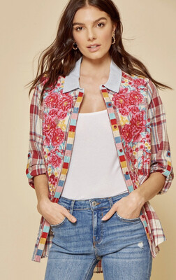 Shirt-button up Long Sleeve shirt In Red And Navy Multi With Embroidery