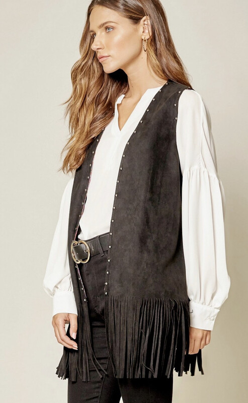 Vest-soft Suede Vest With Fringe And Silver Brads On Front With Cactus On Back In Black And Camel 