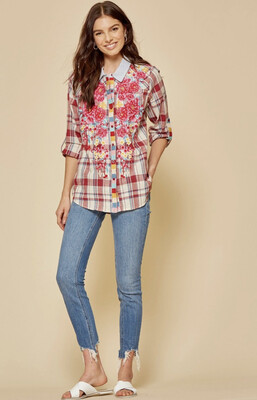 Shirt-button up Long Sleeve shirt In Red And Navy Multi With Embroidery