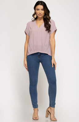 Shirt-misty Mauve Drop Shoulder Banded Sleeve Woven Hi Low Top