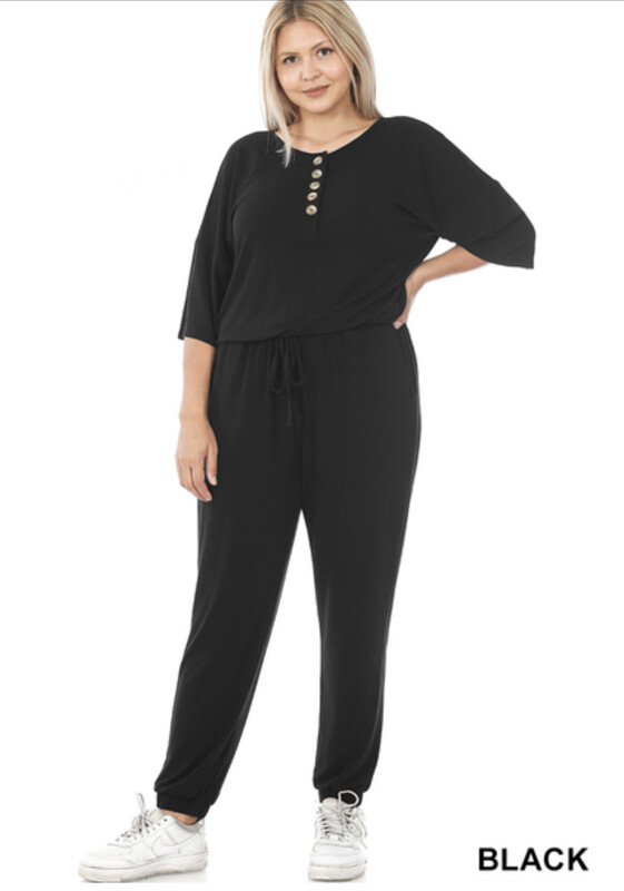 Jumper-black In S-3XL, Short Sleeved With Button Top, Tie At Waist And Ankle Cuff