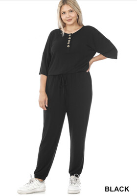 Jumper-black In S-3XL, Short Sleeved With Button Top, Tie At Waist And Ankle Cuff