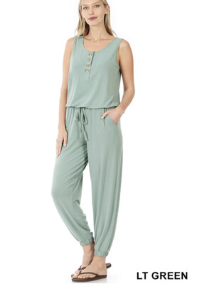 Jumper-Black And Sage (S-XL) Sleeveless, Tie At Waist, Ankle Band And Has Pockets