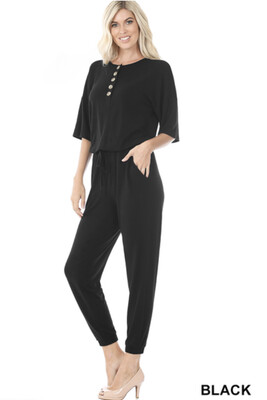 Jumper-black In S-3XL, Short Sleeved With Button Top, Tie At Waist And Ankle Cuff