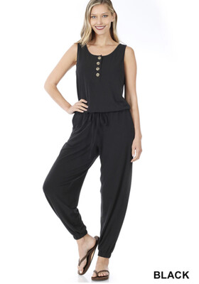 Jumper-Black And Sage (S-XL) Sleeveless, Tie At Waist, Ankle Band And Has Pockets