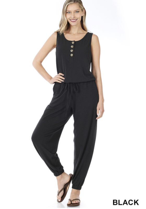 Jumper-Black And Sage (S-XL) Sleeveless, Tie At Waist, Ankle Band And Has Pockets