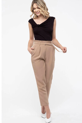 Pants-Tan Woven Pants, High rise,straight Leg, Paper bag Waist, Elasticized, Removable D-ring Belt