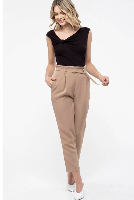 Pants-Tan Woven Pants, High rise,straight Leg, Paper bag Waist, Elasticized, Removable D-ring Belt