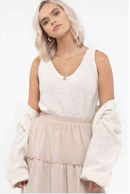 Shirt-Ivory Solid Sweater Top, V-neckline, Bottom Riband, Sleeveless
