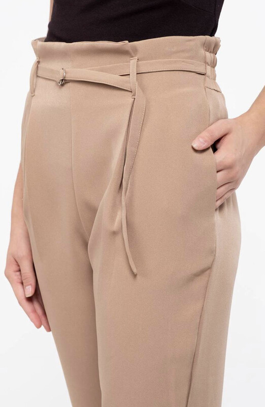 Pants-Tan Woven Pants, High rise,straight Leg, Paper bag Waist, Elasticized, Removable D-ring Belt