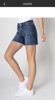 Shorts-Dear John Dark denim mid rise shorts.  Fringed bottom with slit on sides. Five inch inseam.