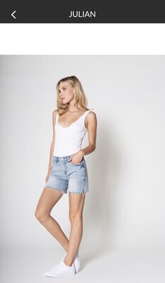 Shorts-Dear John light denim mid rise shorts.  Fringed bottom with slit on sides. Five inch inseam.