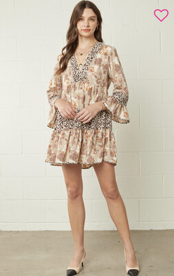 Dress-Floral print v-neck bell sleeve tiered dress featuring contrast leopard print detail. Lined. Woven. Non-sheer. 