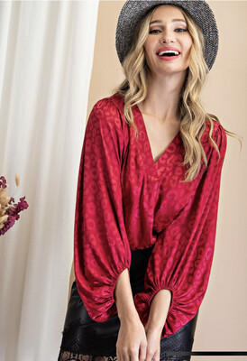 Shirt-wine, Black And Mauve Tufted Dot V-neck Shiny Blouse in Solid Leopard Print-100% polyester
