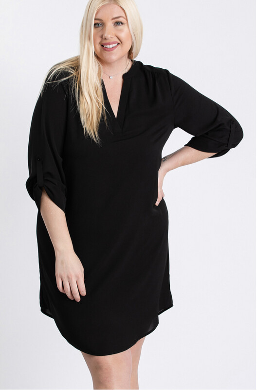 Dress-Plus-black 3/4 Sleeve Roll-tab Shirt Dress.  97% polyester 3% Rayon