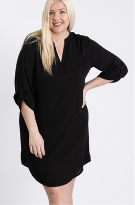 Dress-Plus-black 3/4 Sleeve Roll-tab Shirt Dress.  97% polyester 3% Rayon