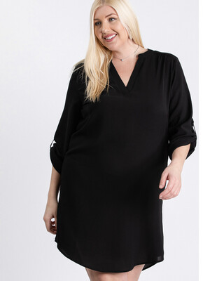 Dress-Plus-black 3/4 Sleeve Roll-tab Shirt Dress.  97% polyester 3% Rayon