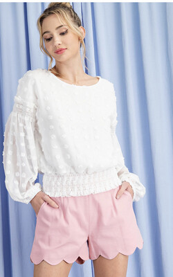 Shirt-Black Or White Puff Sleeve Blouse With Sheer Sleeves And A Smocked Waist With A Tufted Dot Pattern. 100% Polyester. Model Is 5’8 Wearing A Small