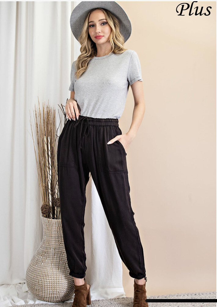 Pants-Plus And Regular Sizes,  Black Mineral Washed Pocketed Elastic Waist And Bottom Pants. 100% Rayon