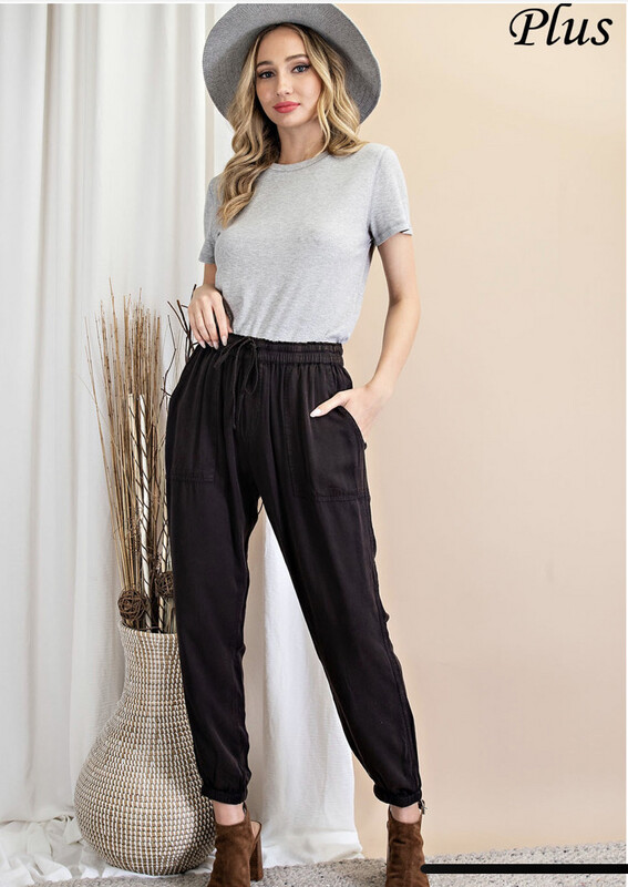 Pants-Plus And Regular Sizes,  Black Mineral Washed Pocketed Elastic Waist And Bottom Pants. 100% Rayon
