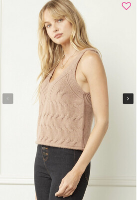Shirt-Mocha Solid V-neck Tank Style Cropped Sweater.  20% Polyester, 52% Acrylic, 28% Nylon. Model Is 5’9Wearing A Small
