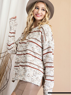 Sweater-Oatmeal Striped And Confetti Loose Fitting Knit Sweater. 100% Polyester. Model Is 5’8 Wearing A Small