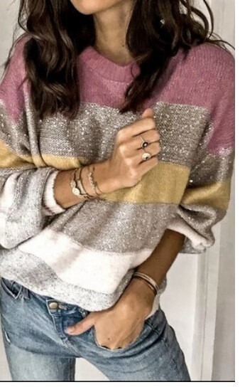 Sweater, Crew Neck Multi Color Block In Pink, Sparkle Gray, Yellow And White