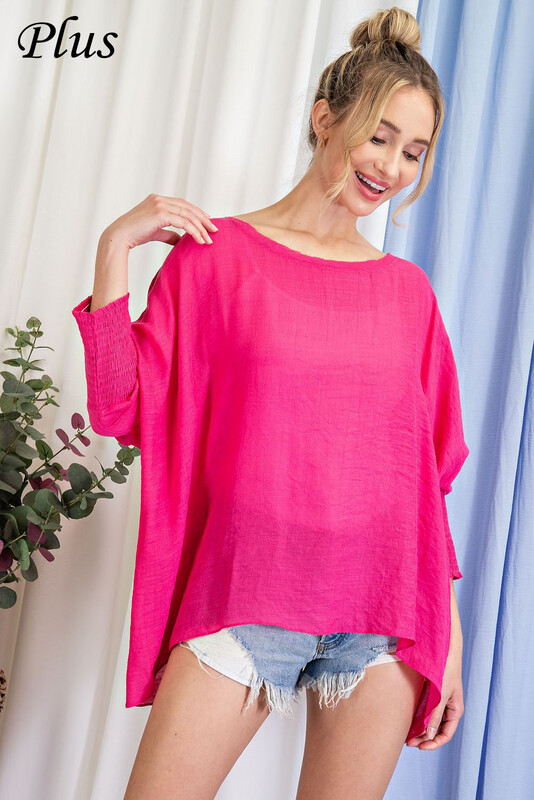 Shirt-hot Pink Plus Size Smocked Linen Dolman Top. 60% Polyester 40% Rayon