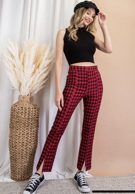 Pants-Red And Black Plaid Front Slit Ankle Pants With Zipper Fly. 98% Polyester And 2% Spandex. Model Is 5’8 Wearing A Small