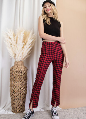 Pants-Red And Black Plaid Front Slit Ankle Pants With Zipper Fly. 98% Polyester And 2% Spandex. Model Is 5’8 Wearing A Small