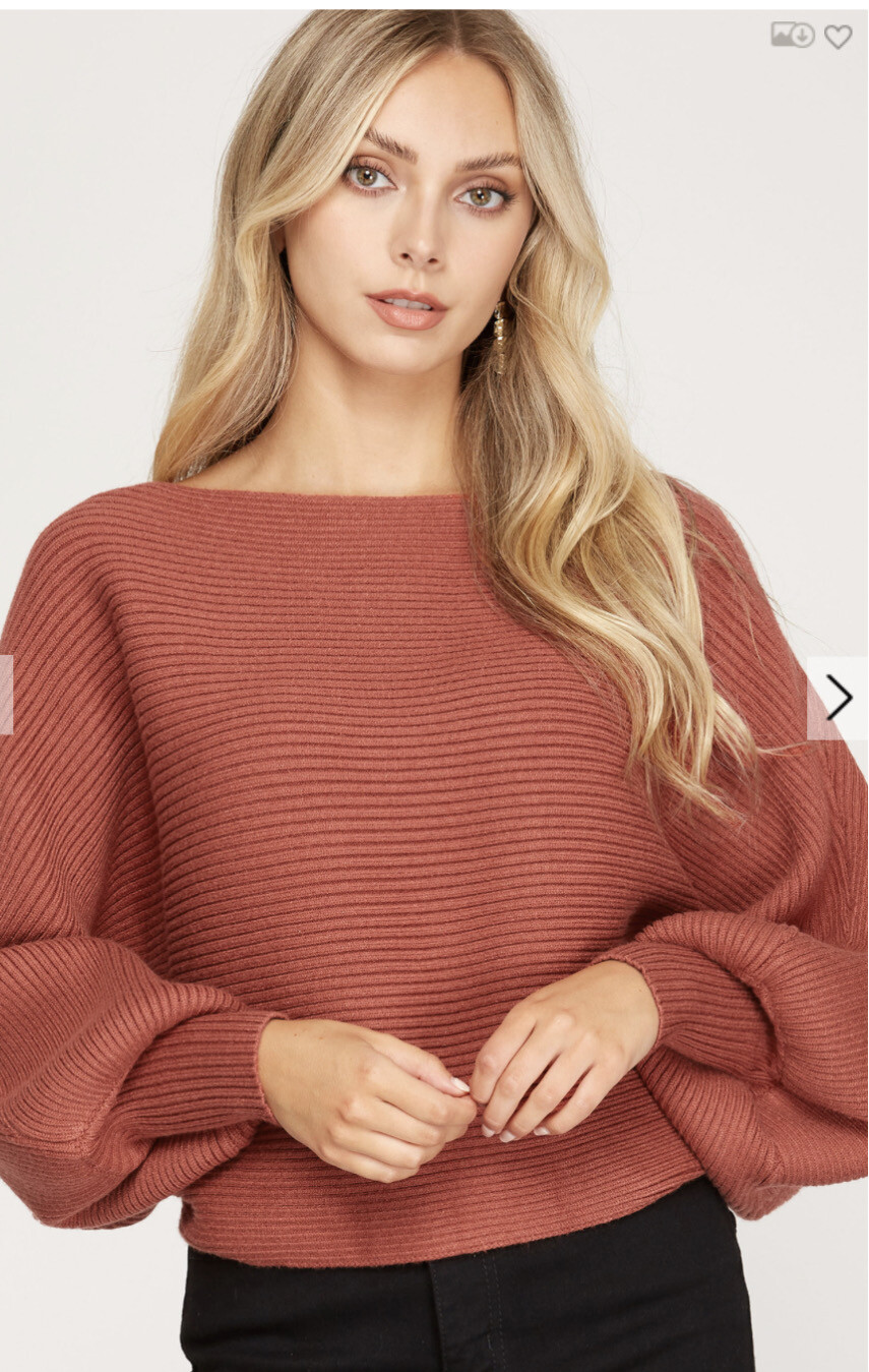 SWEATER-BLACK &amp; RUST LONG DOLMAN SLEEVE BOAT NECK RIB KNIT SWEATER TOP
50%VISCOSE 25%POLYESTER 25%NYLON SWEATER TOP