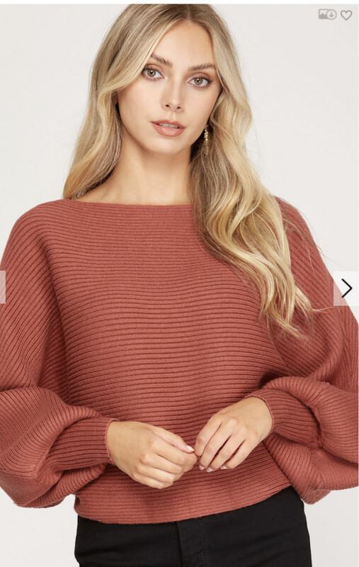 SWEATER-BLACK &amp; RUST LONG DOLMAN SLEEVE BOAT NECK RIB KNIT SWEATER TOP
50%VISCOSE 25%POLYESTER 25%NYLON SWEATER TOP