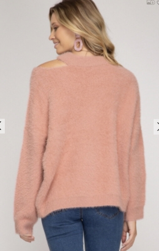 Sweater-rose Pink LONG SLEEVE MOCK NECK FUZZY KNIT SWEATER TOP WITH ASYMMETRIC NECK OPEN DETAIL
S:100%POLYESTER KNIT TOP