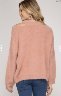 Sweater-rose Pink LONG SLEEVE MOCK NECK FUZZY KNIT SWEATER TOP WITH ASYMMETRIC NECK OPEN DETAIL
S:100%POLYESTER KNIT TOP
