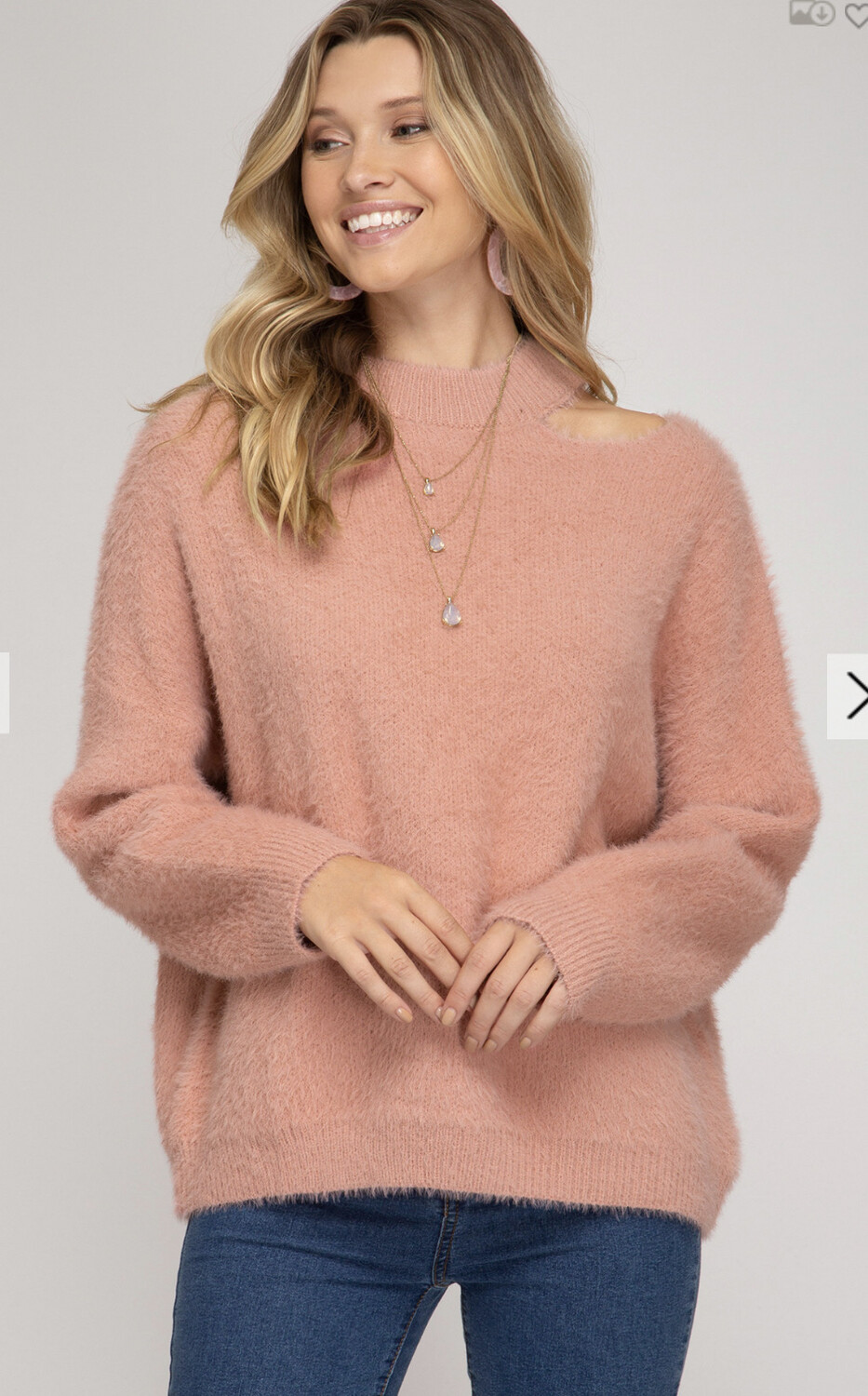 Sweater-rose Pink LONG SLEEVE MOCK NECK FUZZY KNIT SWEATER TOP WITH ASYMMETRIC NECK OPEN DETAIL
S:100%POLYESTER KNIT TOP