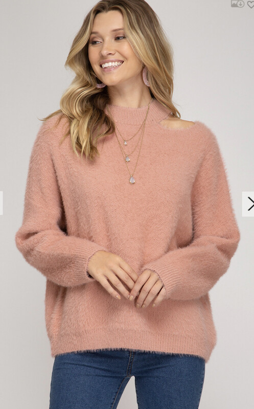 Sweater-rose Pink LONG SLEEVE MOCK NECK FUZZY KNIT SWEATER TOP WITH ASYMMETRIC NECK OPEN DETAIL
S:100%POLYESTER KNIT TOP