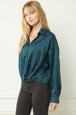 Shirt-Hunter Green And Walnut Colored Satin leopard print.  Button down collared long sleeve top featuring twist detail at front. Button closure at wrists. Unlined. Woven. Non-sheer. Lightweight.