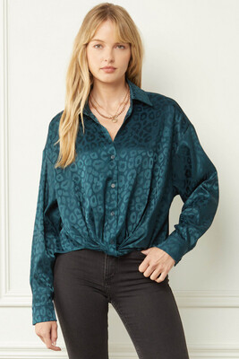 Shirt-Hunter Green And Walnut Colored Satin leopard print.  Button down collared long sleeve top featuring twist detail at front. Button closure at wrists. Unlined. Woven. Non-sheer. Lightweight.