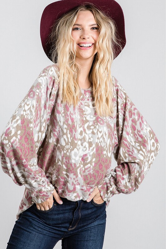 Plus Shirt-PINK/TAUPE ANIMAL HACCI PRINT BRUSH BUBBLE SLEEVE TOP 

63% POLY 34% RAYON 3% SPANDEX