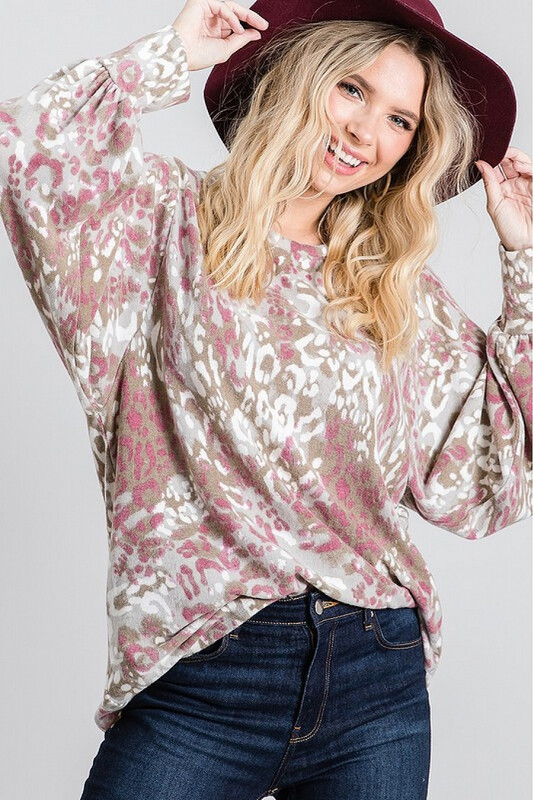 Plus Shirt-PINK/TAUPE ANIMAL HACCI PRINT BRUSH BUBBLE SLEEVE TOP 

63% POLY 34% RAYON 3% SPANDEX
