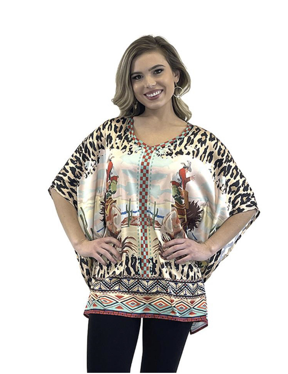 Shirt-Leopard Print With Bucking Bronco Western Design On Poncho Style Shift.