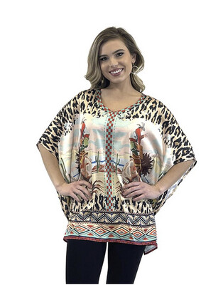 Shirt-Leopard Print With Bucking Bronco Western Design On Poncho Style Shift.