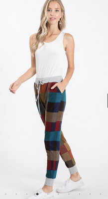 Pants-Multi Colored Plaid Print Jogger Pants With Side Pocket And Gray Waist And Bottom Detail. 
