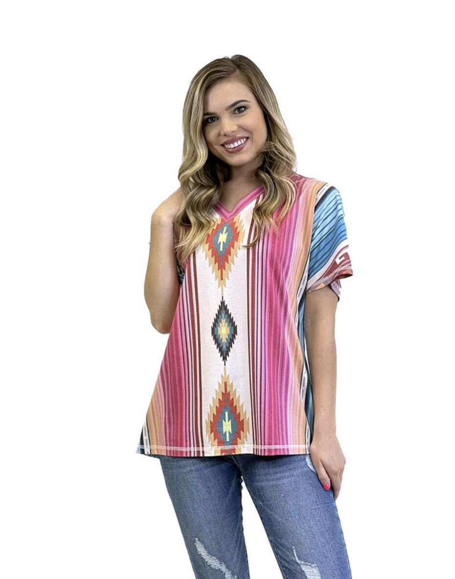 Shirt-Pink Aztec Print V-Neck Shirt In Vertical Strip And Design