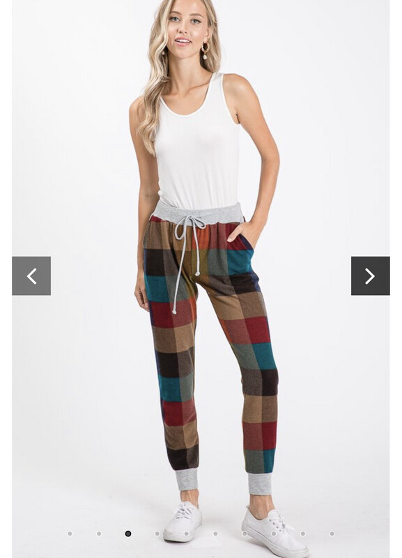 Pants-Multi Colored Plaid Print Jogger Pants With Side Pocket And Gray Waist And Bottom Detail. 
