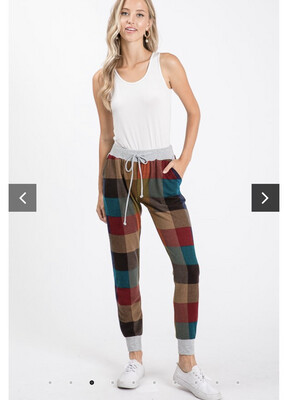 Pants-Multi Colored Plaid Print Jogger Pants With Side Pocket And Gray Waist And Bottom Detail. 
